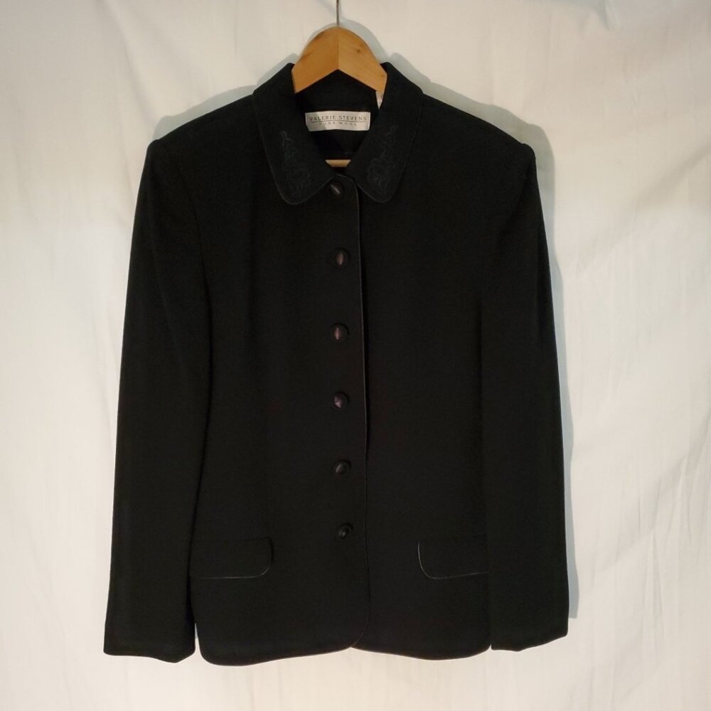 Valerie Stevens Wool Blazer Jacket Size 14 Black Embroidered Collar Vintage